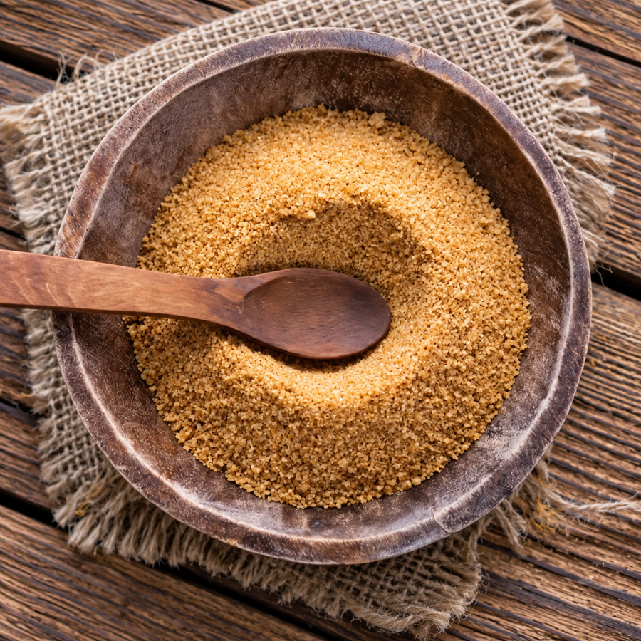 Gula melaka serbuk dalam mangkuk kayu dengan sudu kayu di atas kain guni