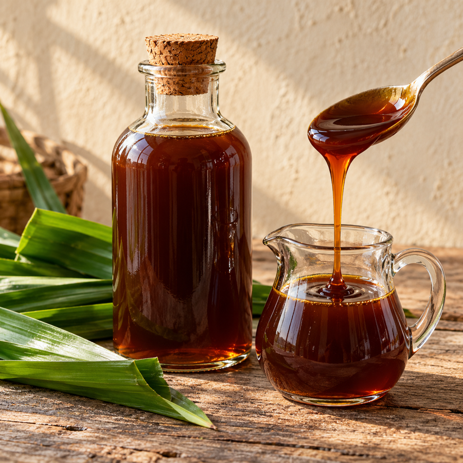 Sirap gula melaka dalam botol kaca bergabus dan jag kecil di atas meja kayu
